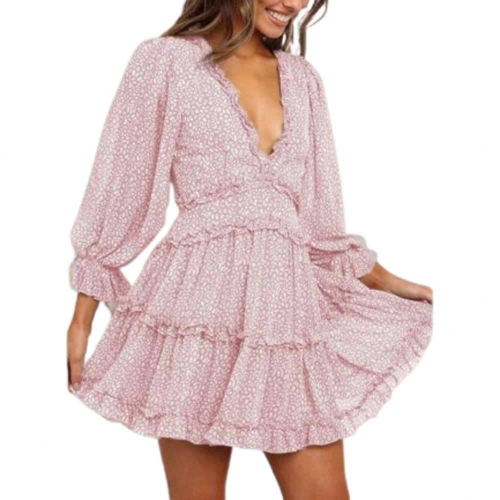 Women's Pink Deep V Neck Ruffle Flowing Mini Dress